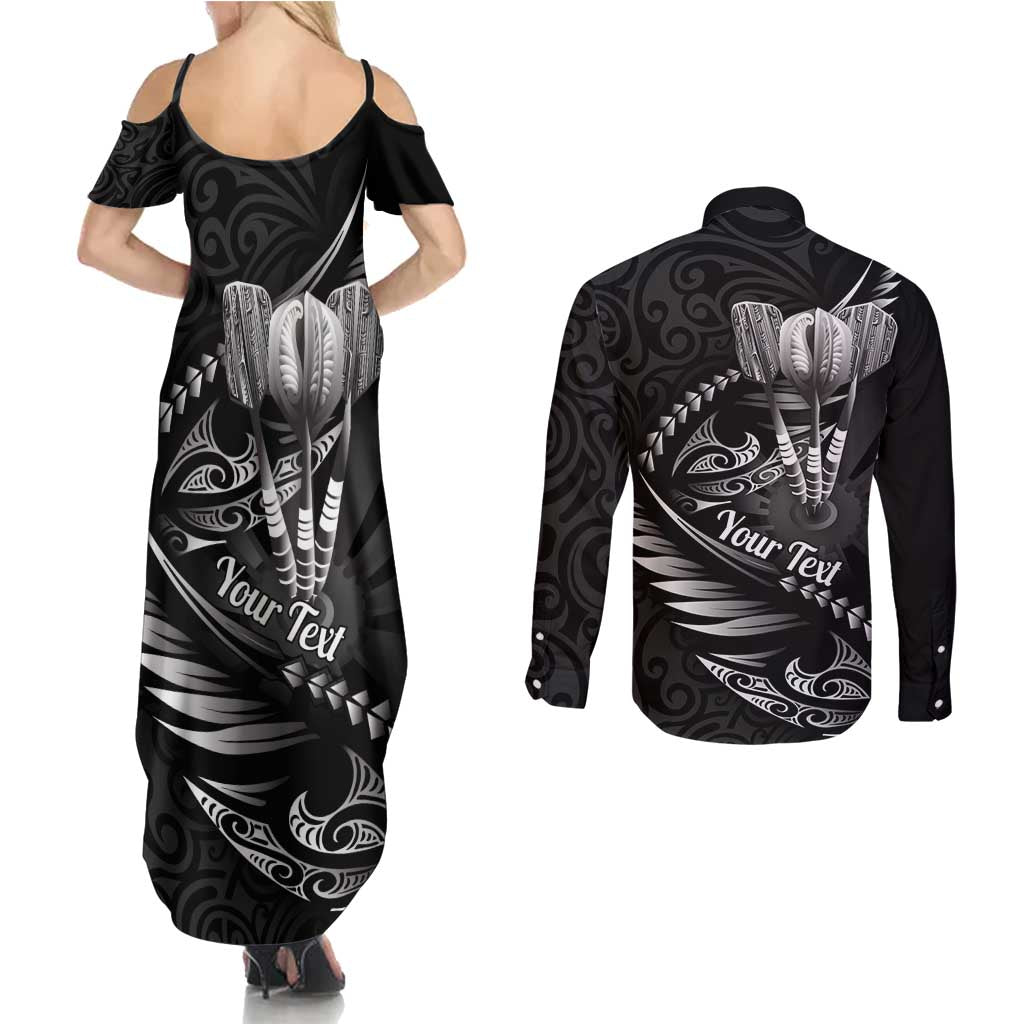 Personalised All Black New Zealand Darts Couples Matching Summer Maxi Dress and Long Sleeve Button Shirt Aoteroa Fern Maori Galaxy Style