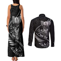 Personalised All Black New Zealand Darts Couples Matching Tank Maxi Dress and Long Sleeve Button Shirt Aoteroa Fern Maori Galaxy Style