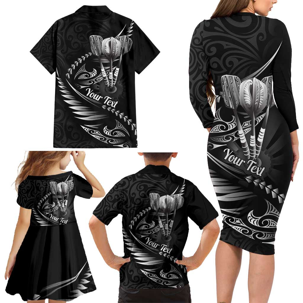 Personalised All Black New Zealand Darts Family Matching Long Sleeve Bodycon Dress and Hawaiian Shirt Aoteroa Fern Maori Galaxy Style