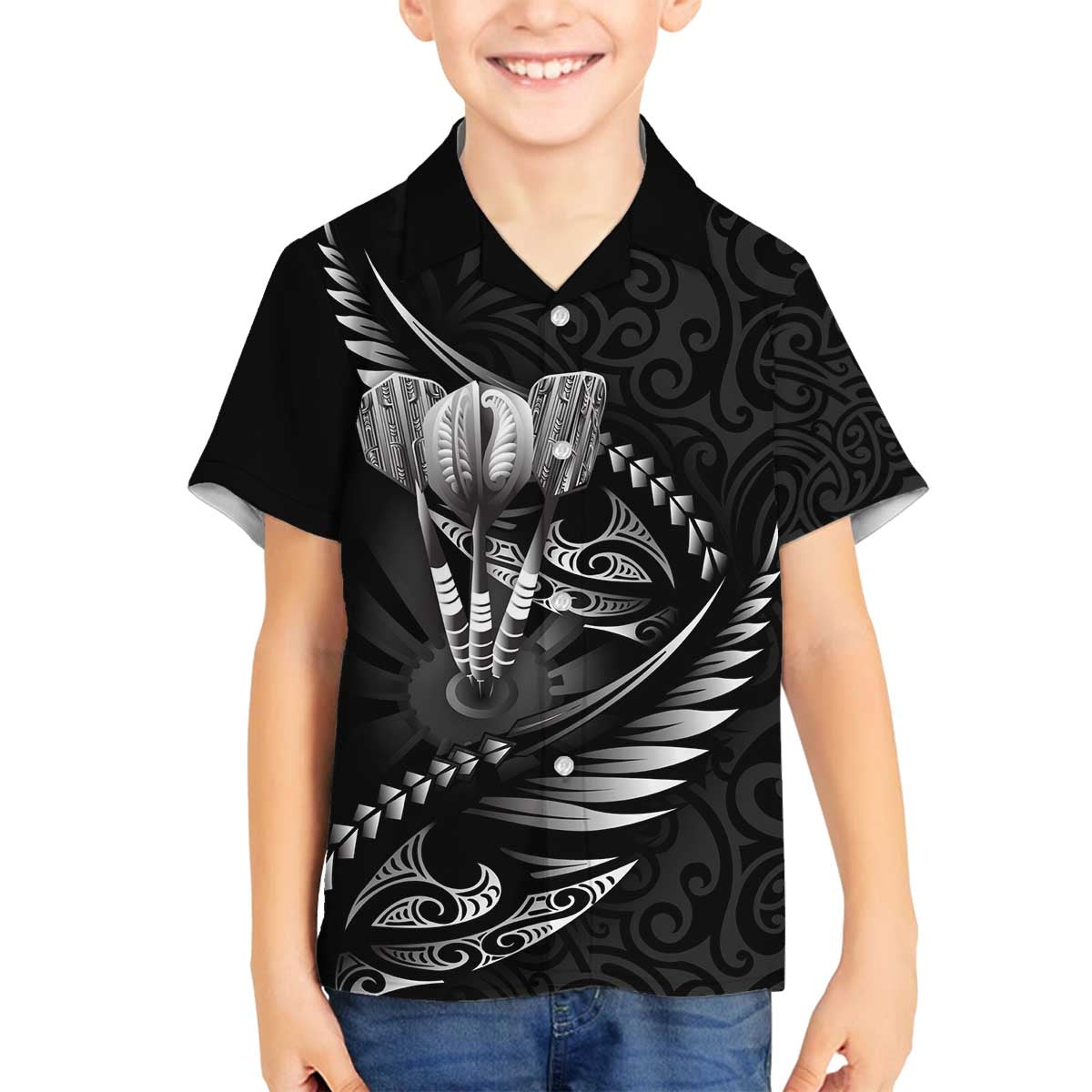 Personalised All Black New Zealand Darts Family Matching Off The Shoulder Long Sleeve Dress and Hawaiian Shirt Aoteroa Fern Maori Galaxy Style