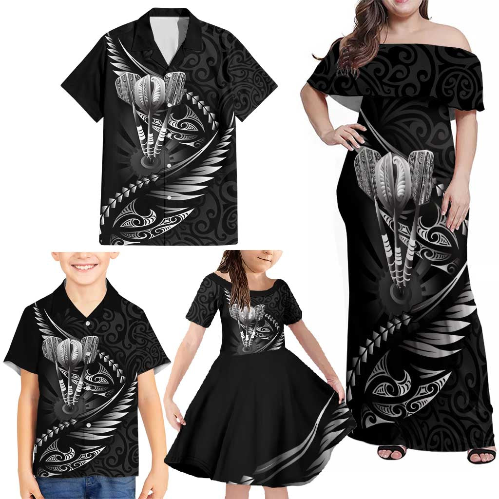 Personalised All Black New Zealand Darts Family Matching Off Shoulder Maxi Dress and Hawaiian Shirt Aoteroa Fern Maori Galaxy Style