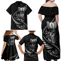 Personalised All Black New Zealand Darts Family Matching Off Shoulder Maxi Dress and Hawaiian Shirt Aoteroa Fern Maori Galaxy Style