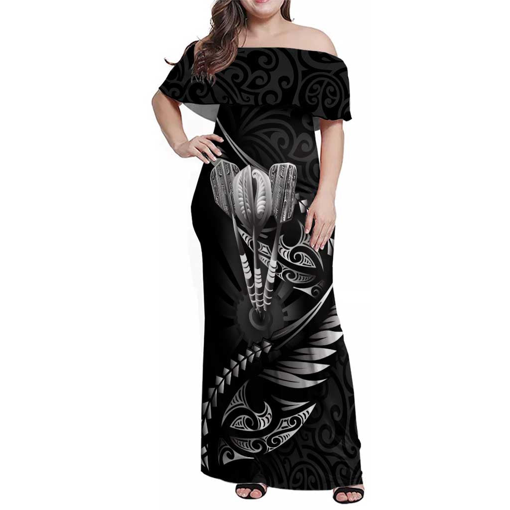 Personalised All Black New Zealand Darts Family Matching Off Shoulder Maxi Dress and Hawaiian Shirt Aoteroa Fern Maori Galaxy Style
