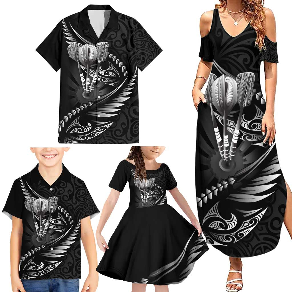 Personalised All Black New Zealand Darts Family Matching Summer Maxi Dress and Hawaiian Shirt Aoteroa Fern Maori Galaxy Style