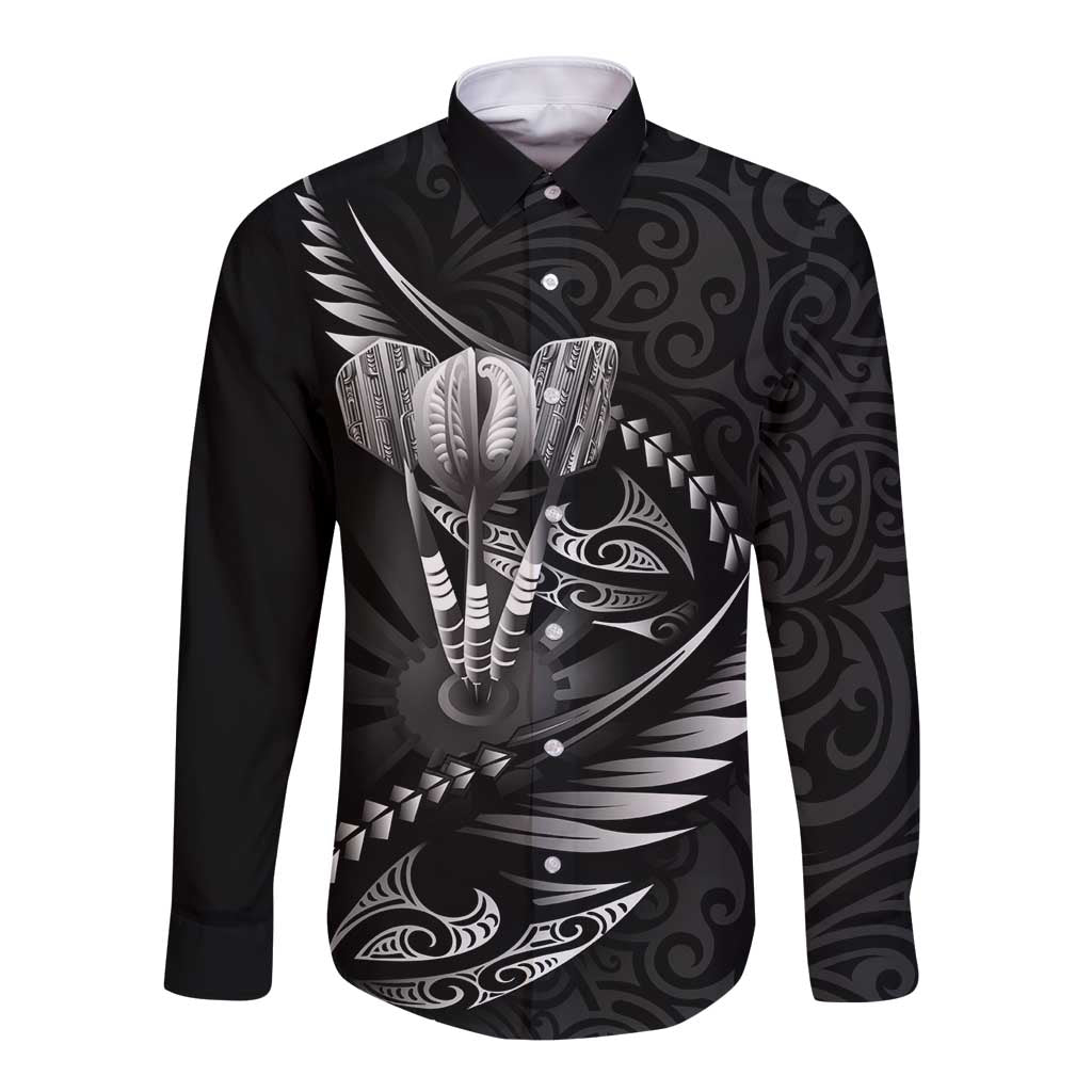 Personalised All Black New Zealand Darts Long Sleeve Button Shirt Aoteroa Fern Maori Galaxy Style