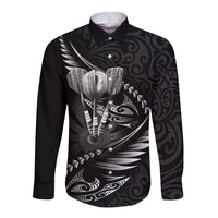 Personalised All Black New Zealand Darts Long Sleeve Button Shirt Aoteroa Fern Maori Galaxy Style