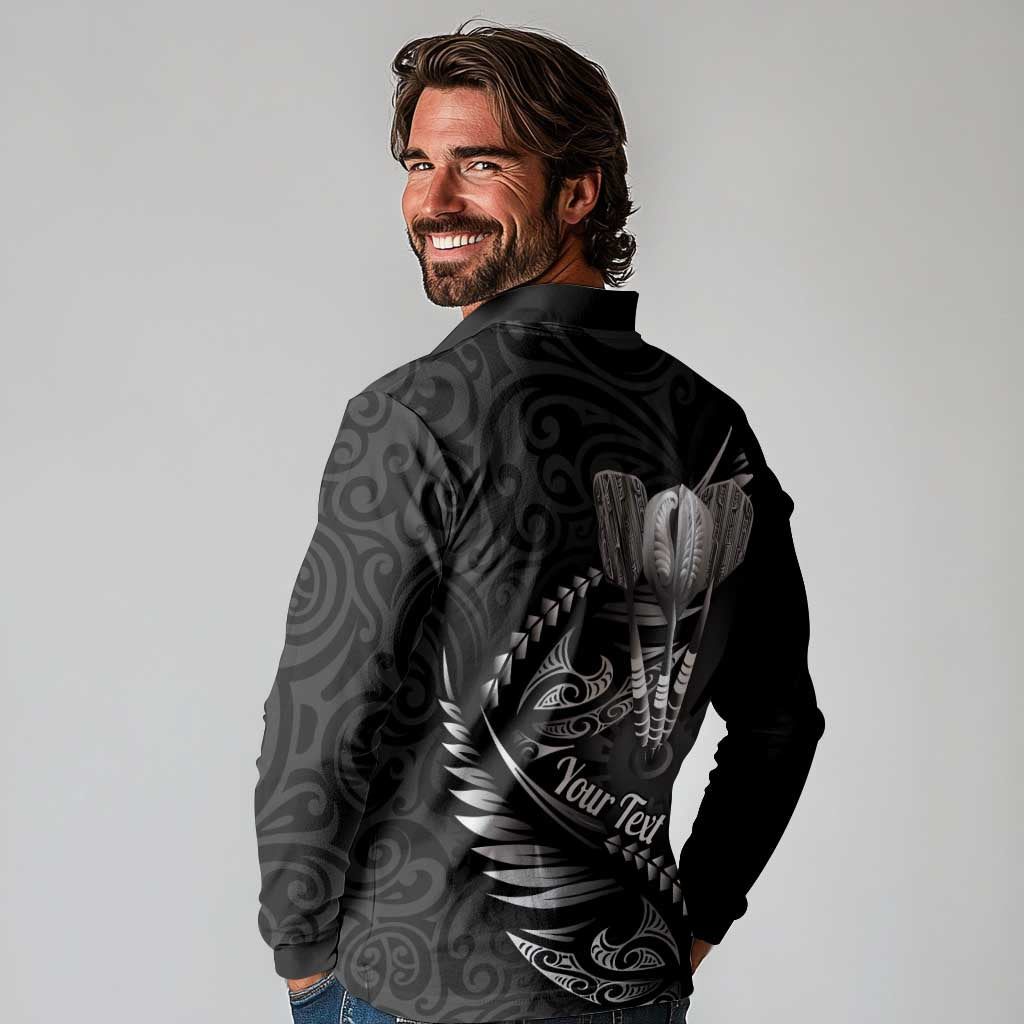 Personalised All Black New Zealand Darts Long Sleeve Polo Shirt Aoteroa Fern Maori Galaxy Style