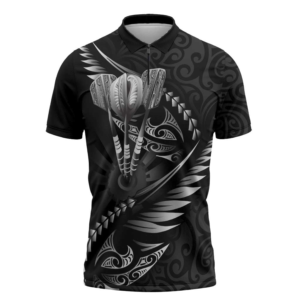 Personalised All Black New Zealand Darts Zipper Polo Shirt Aoteroa Fern Maori Galaxy Style - Polynesian Pride