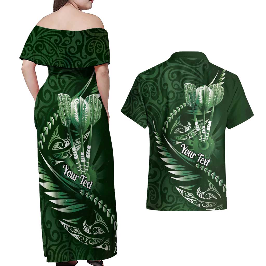 Personalised All Green New Zealand Darts Couples Matching Off Shoulder Maxi Dress and Hawaiian Shirt Aoteroa Fern Maori Galaxy Style