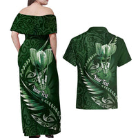Personalised All Green New Zealand Darts Couples Matching Off Shoulder Maxi Dress and Hawaiian Shirt Aoteroa Fern Maori Galaxy Style