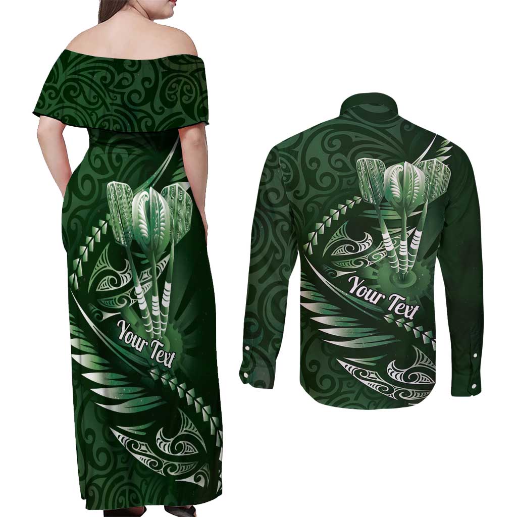 Personalised All Green New Zealand Darts Couples Matching Off Shoulder Maxi Dress and Long Sleeve Button Shirt Aoteroa Fern Maori Galaxy Style