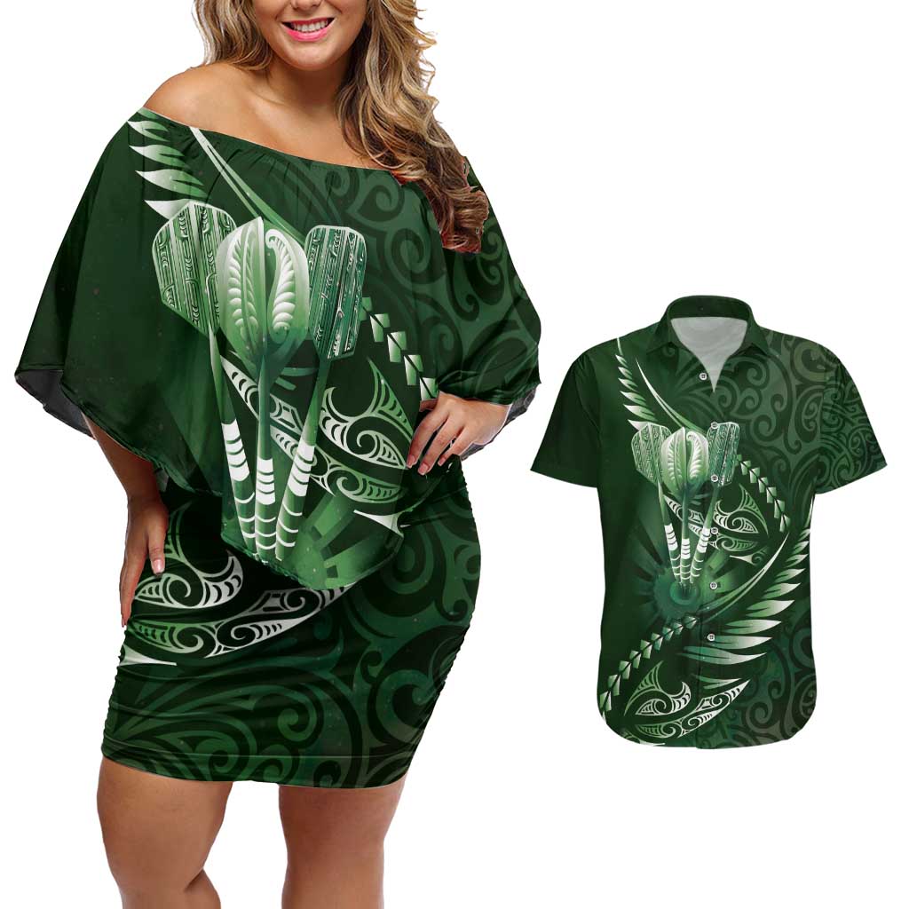 Personalised All Green New Zealand Darts Couples Matching Off Shoulder Short Dress and Hawaiian Shirt Aoteroa Fern Maori Galaxy Style