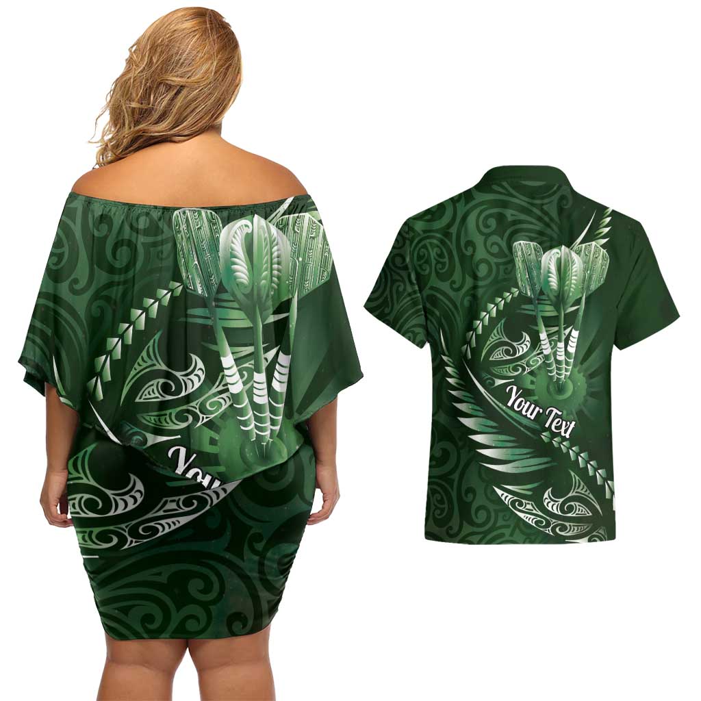 Personalised All Green New Zealand Darts Couples Matching Off Shoulder Short Dress and Hawaiian Shirt Aoteroa Fern Maori Galaxy Style