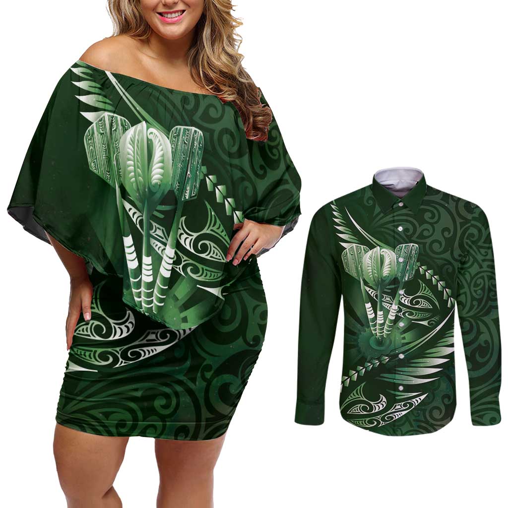 Personalised All Green New Zealand Darts Couples Matching Off Shoulder Short Dress and Long Sleeve Button Shirt Aoteroa Fern Maori Galaxy Style