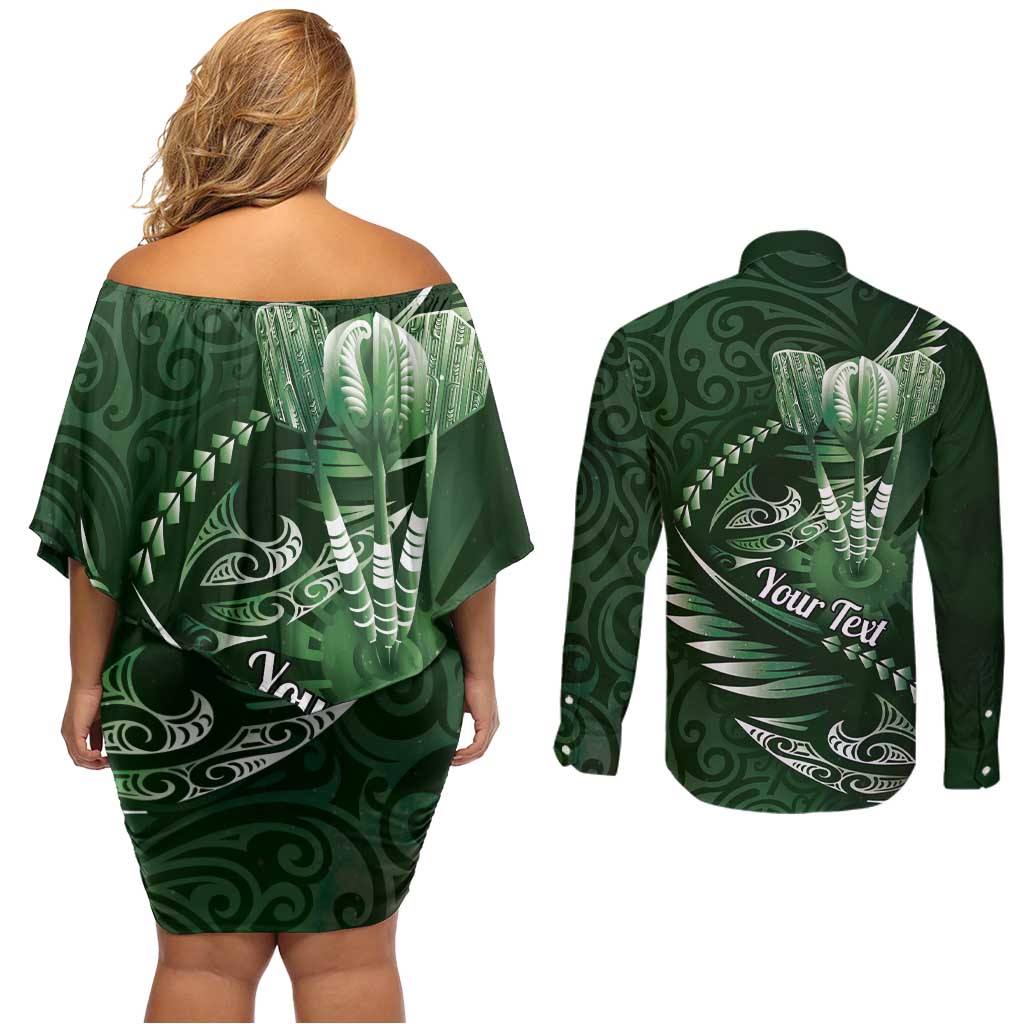 Personalised All Green New Zealand Darts Couples Matching Off Shoulder Short Dress and Long Sleeve Button Shirt Aoteroa Fern Maori Galaxy Style