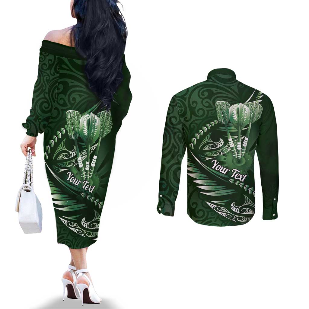 Personalised All Green New Zealand Darts Couples Matching Off The Shoulder Long Sleeve Dress and Long Sleeve Button Shirt Aoteroa Fern Maori Galaxy Style