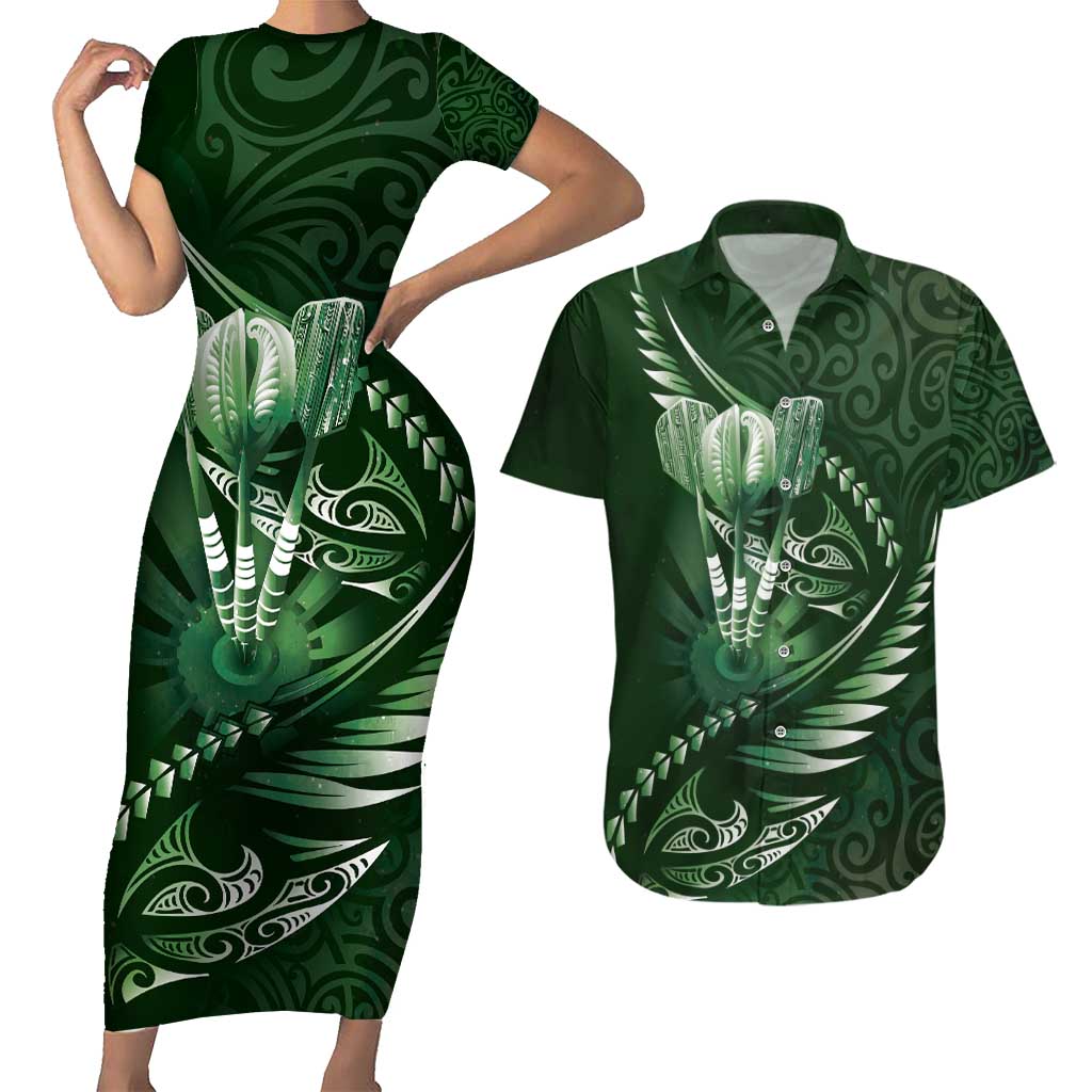 Personalised All Green New Zealand Darts Couples Matching Short Sleeve Bodycon Dress and Hawaiian Shirt Aoteroa Fern Maori Galaxy Style