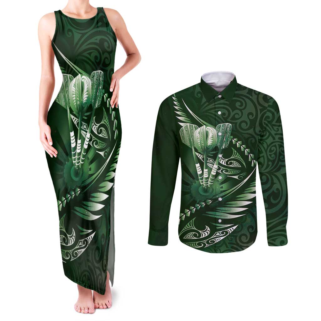 Personalised All Green New Zealand Darts Couples Matching Tank Maxi Dress and Long Sleeve Button Shirt Aoteroa Fern Maori Galaxy Style