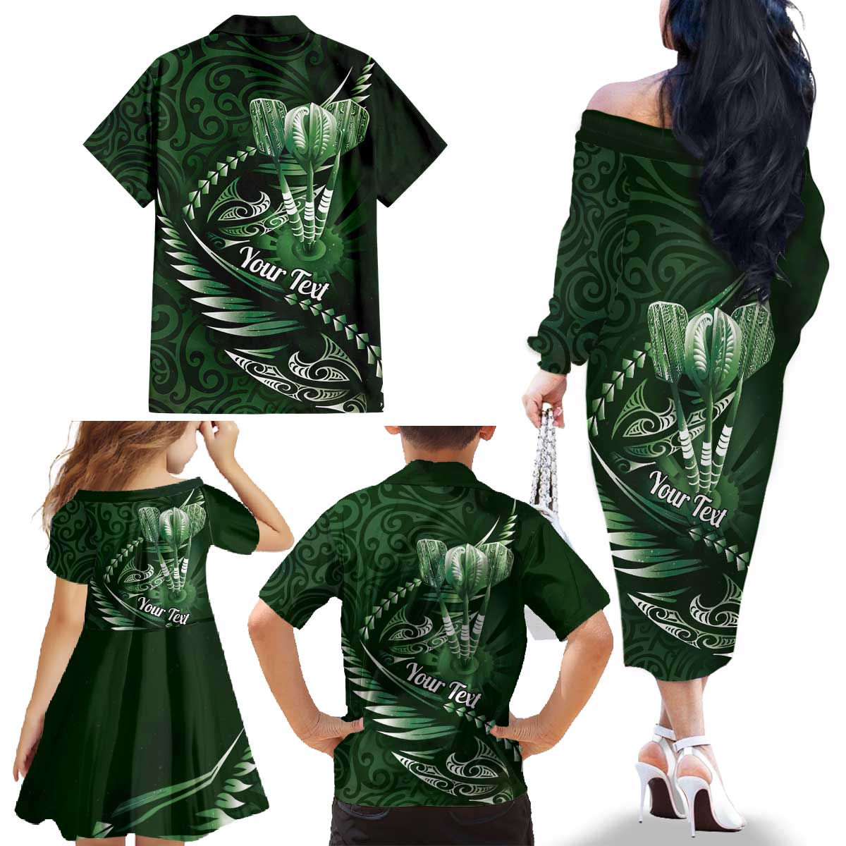 Personalised All Green New Zealand Darts Family Matching Off The Shoulder Long Sleeve Dress and Hawaiian Shirt Aoteroa Fern Maori Galaxy Style