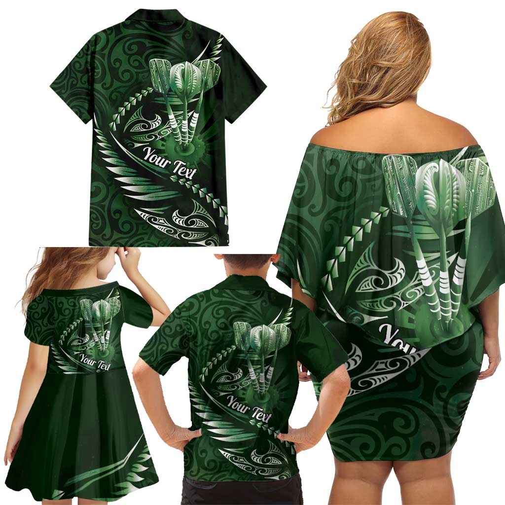 Personalised All Green New Zealand Darts Family Matching Off Shoulder Short Dress and Hawaiian Shirt Aoteroa Fern Maori Galaxy Style