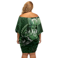 Personalised All Green New Zealand Darts Family Matching Off Shoulder Short Dress and Hawaiian Shirt Aoteroa Fern Maori Galaxy Style