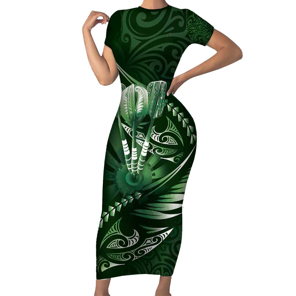 Personalised All Green New Zealand Darts Family Matching Short Sleeve Bodycon Dress and Hawaiian Shirt Aoteroa Fern Maori Galaxy Style