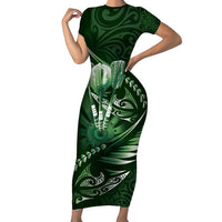 Personalised All Green New Zealand Darts Family Matching Short Sleeve Bodycon Dress and Hawaiian Shirt Aoteroa Fern Maori Galaxy Style