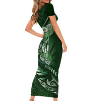 Personalised All Green New Zealand Darts Family Matching Short Sleeve Bodycon Dress and Hawaiian Shirt Aoteroa Fern Maori Galaxy Style