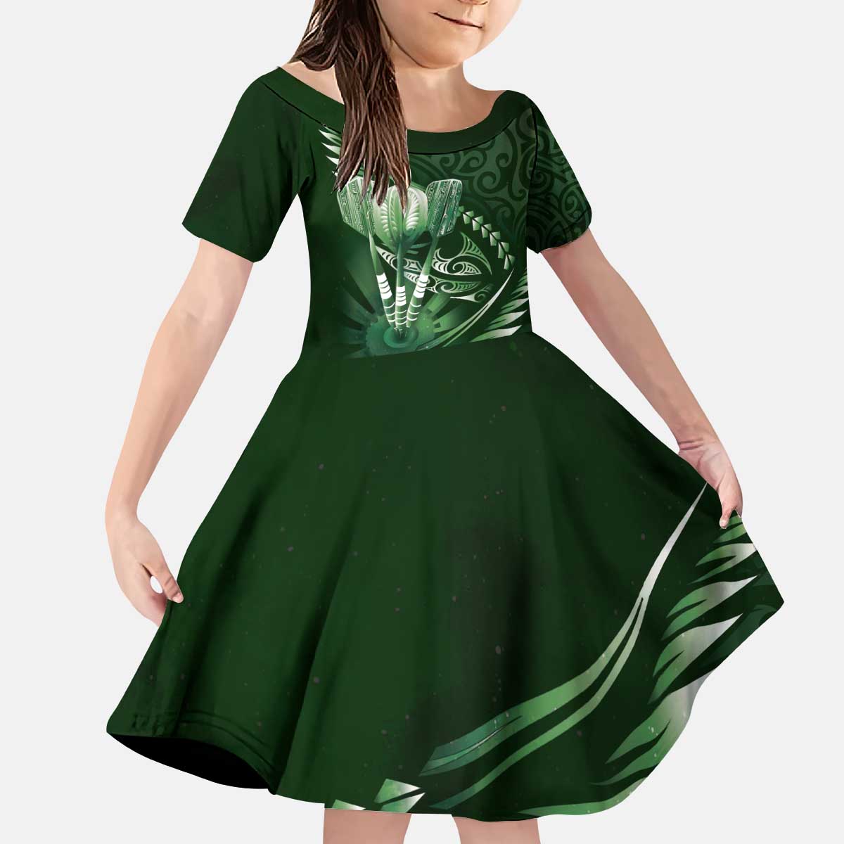 Personalised All Green New Zealand Darts Kid Short Sleeve Dress Aoteroa Fern Maori Galaxy Style