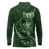 Personalised All Green New Zealand Darts Long Sleeve Polo Shirt Aoteroa Fern Maori Galaxy Style