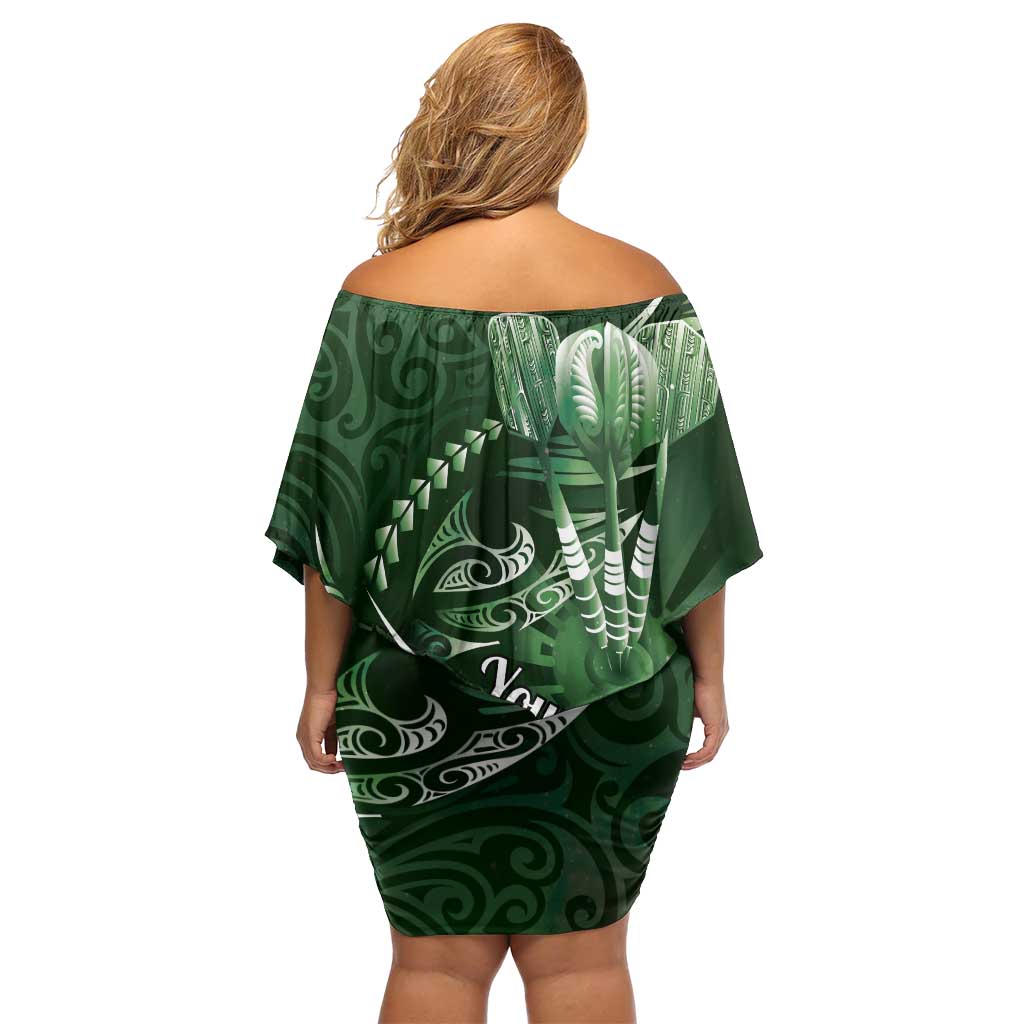 Personalised All Green New Zealand Darts Off Shoulder Short Dress Aoteroa Fern Maori Galaxy Style