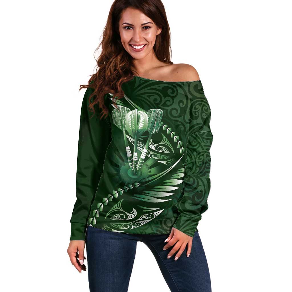 Personalised All Green New Zealand Darts Off Shoulder Sweater Aoteroa Fern Maori Galaxy Style