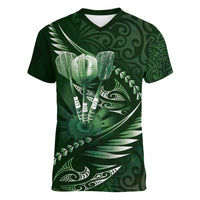 Personalised All Green New Zealand Darts Women V-Neck T-Shirt Aoteroa Fern Maori Galaxy Style