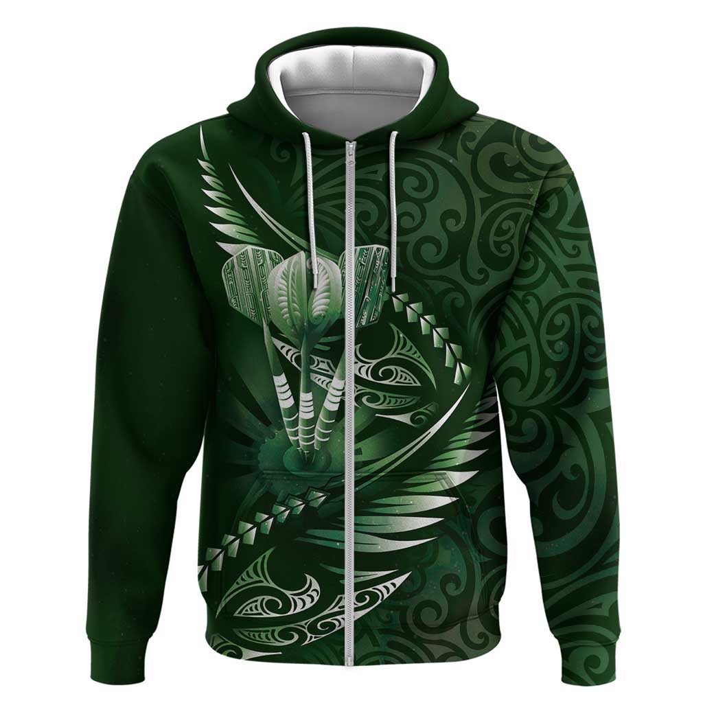 Personalised All Green New Zealand Darts Zip Hoodie Aoteroa Fern Maori Galaxy Style