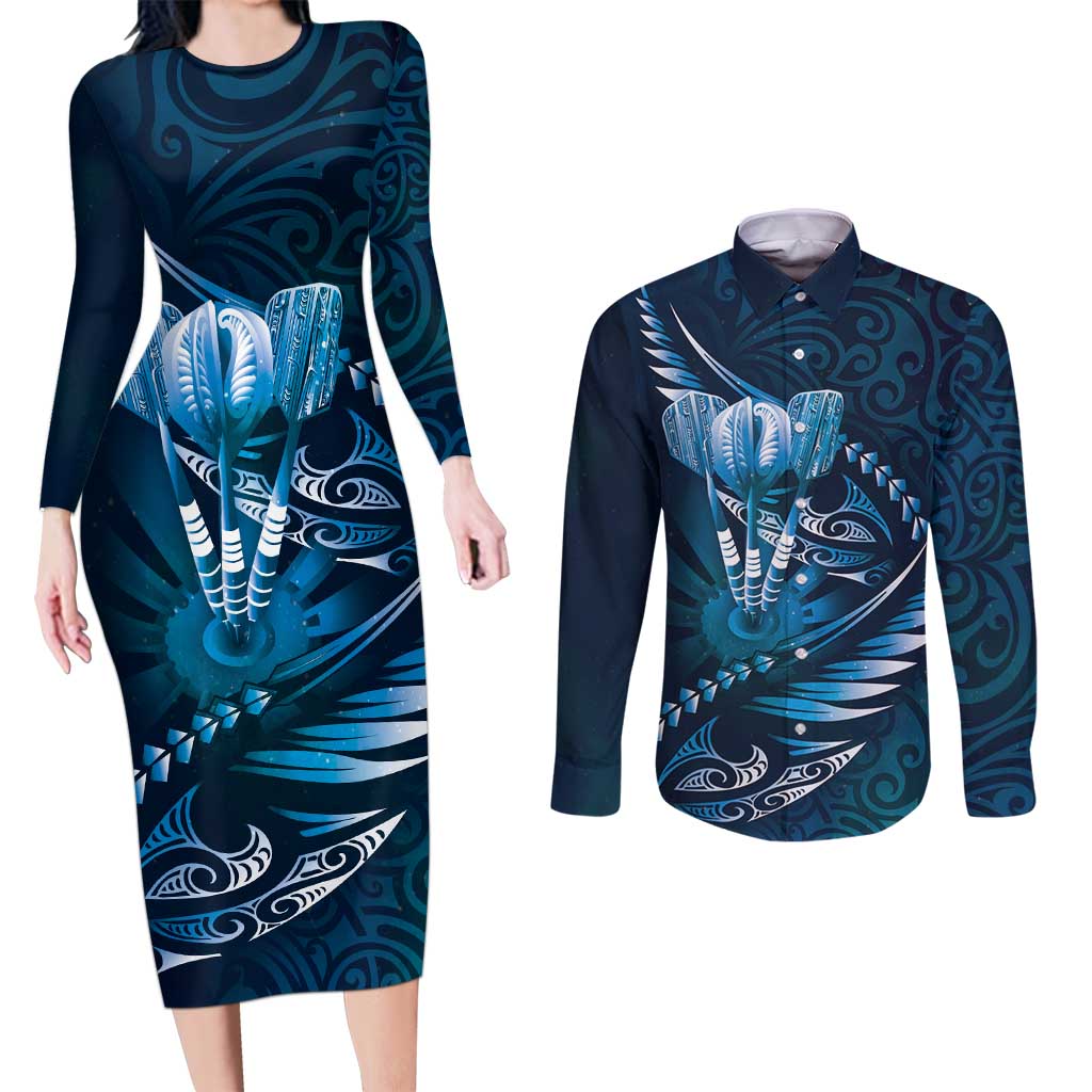 Personalised All Blue New Zealand Darts Couples Matching Long Sleeve Bodycon Dress and Long Sleeve Button Shirt Aoteroa Fern Maori Galaxy Style