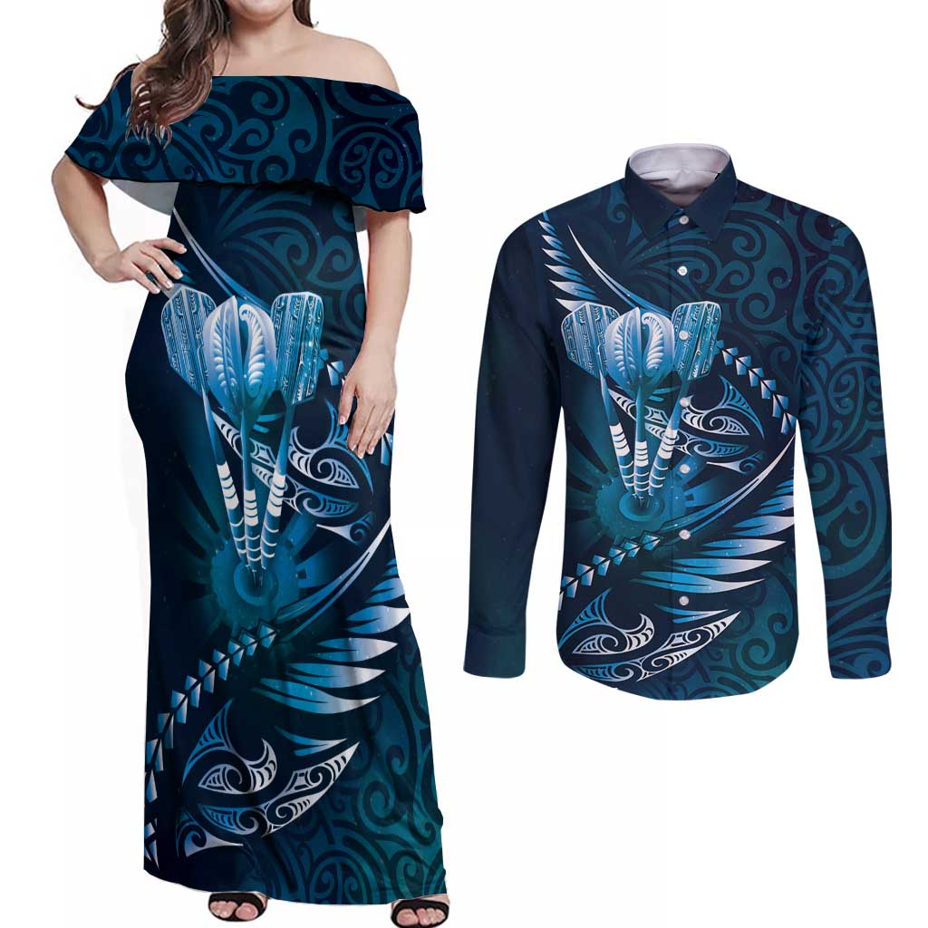 Personalised All Blue New Zealand Darts Couples Matching Off Shoulder Maxi Dress and Long Sleeve Button Shirt Aoteroa Fern Maori Galaxy Style