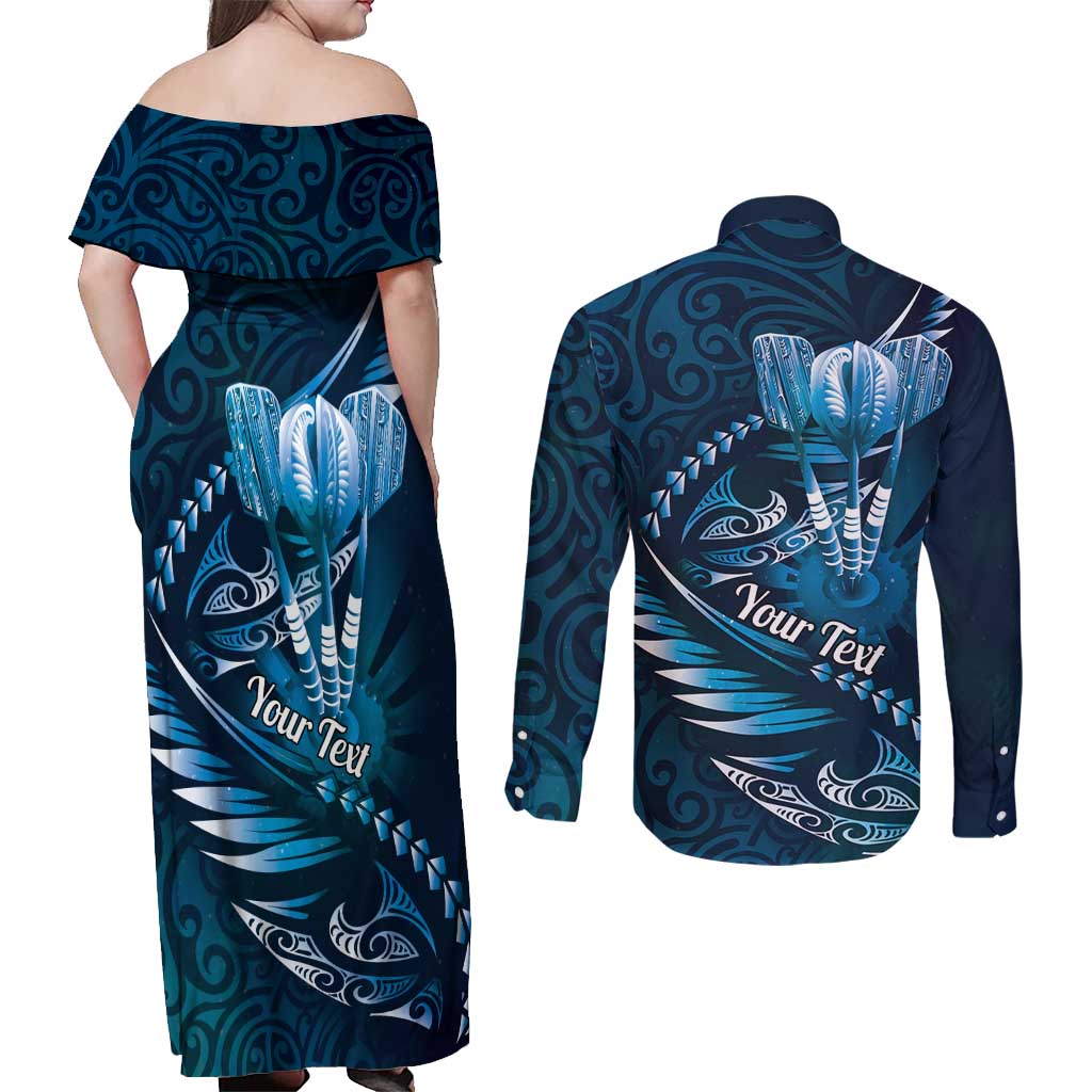 Personalised All Blue New Zealand Darts Couples Matching Off Shoulder Maxi Dress and Long Sleeve Button Shirt Aoteroa Fern Maori Galaxy Style