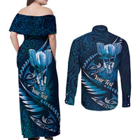 Personalised All Blue New Zealand Darts Couples Matching Off Shoulder Maxi Dress and Long Sleeve Button Shirt Aoteroa Fern Maori Galaxy Style
