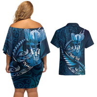 Personalised All Blue New Zealand Darts Couples Matching Off Shoulder Short Dress and Hawaiian Shirt Aoteroa Fern Maori Galaxy Style