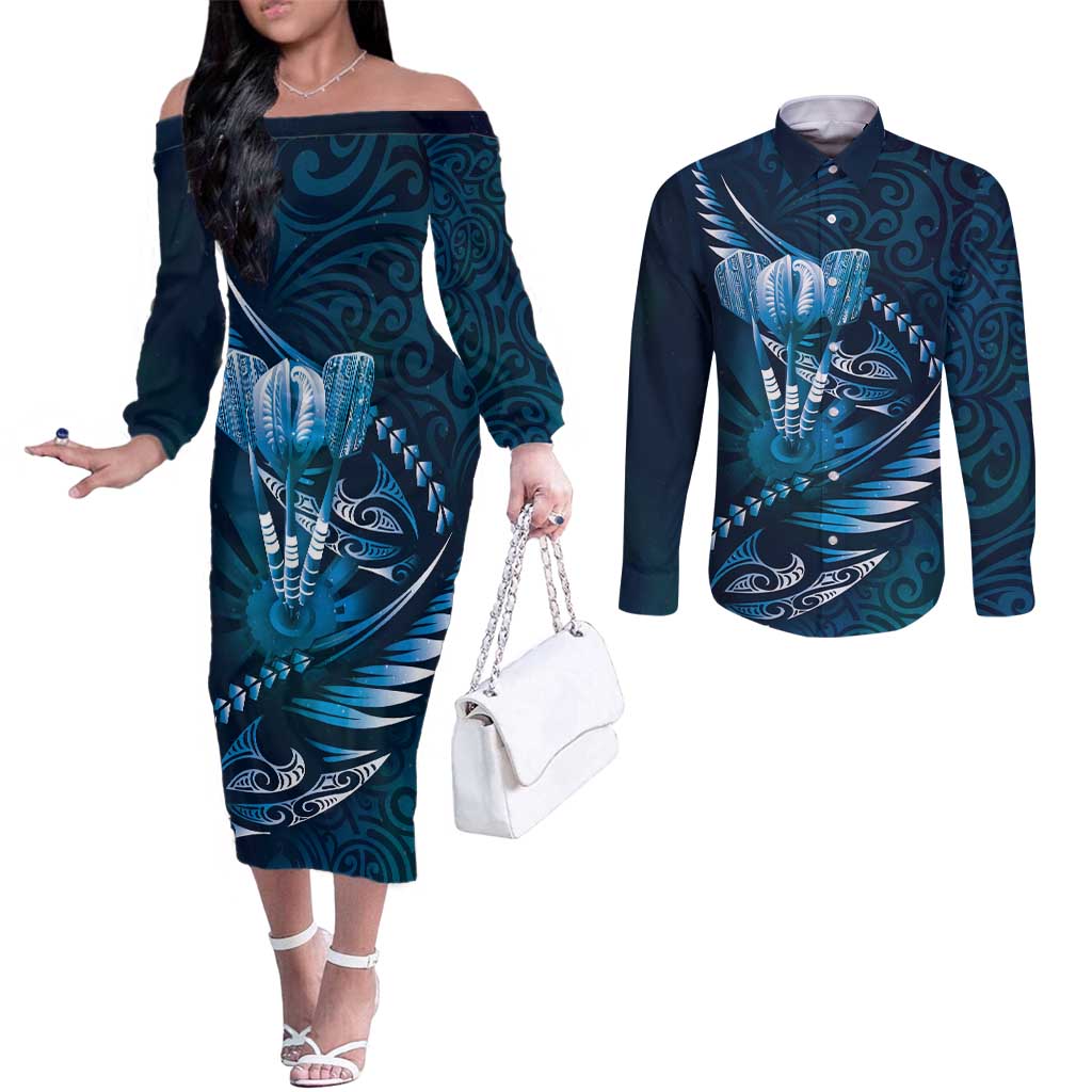 Personalised All Blue New Zealand Darts Couples Matching Off The Shoulder Long Sleeve Dress and Long Sleeve Button Shirt Aoteroa Fern Maori Galaxy Style
