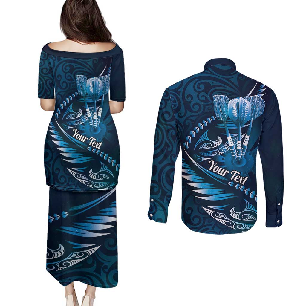 Personalised All Blue New Zealand Darts Couples Matching Puletasi and Long Sleeve Button Shirt Aoteroa Fern Maori Galaxy Style
