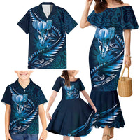 Personalised All Blue New Zealand Darts Family Matching Mermaid Dress and Hawaiian Shirt Aoteroa Fern Maori Galaxy Style