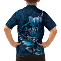 Personalised All Blue New Zealand Darts Family Matching Short Sleeve Bodycon Dress and Hawaiian Shirt Aoteroa Fern Maori Galaxy Style