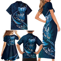 Personalised All Blue New Zealand Darts Family Matching Short Sleeve Bodycon Dress and Hawaiian Shirt Aoteroa Fern Maori Galaxy Style