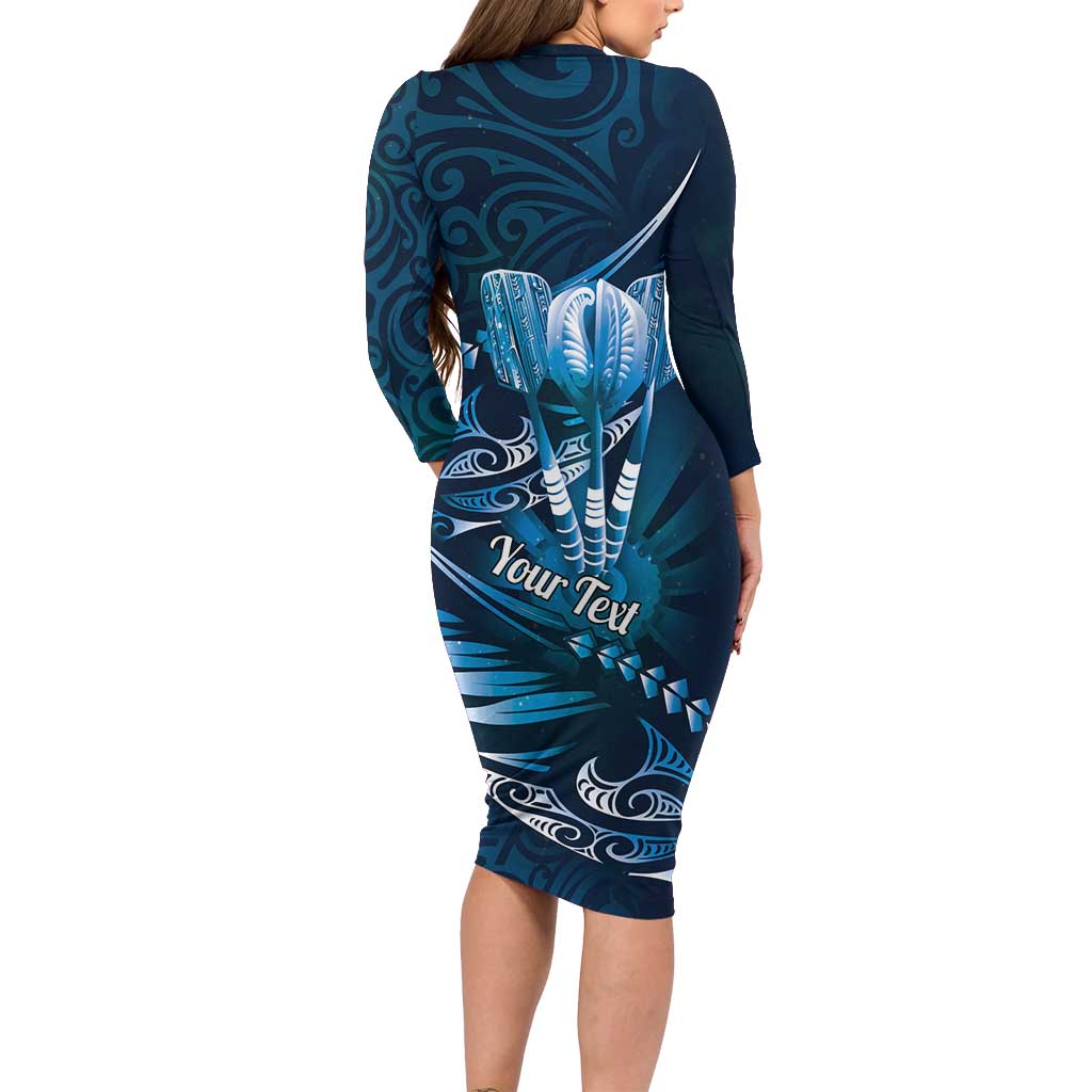 Personalised All Blue New Zealand Darts Long Sleeve Bodycon Dress Aoteroa Fern Maori Galaxy Style