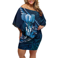 Personalised All Blue New Zealand Darts Off Shoulder Short Dress Aoteroa Fern Maori Galaxy Style