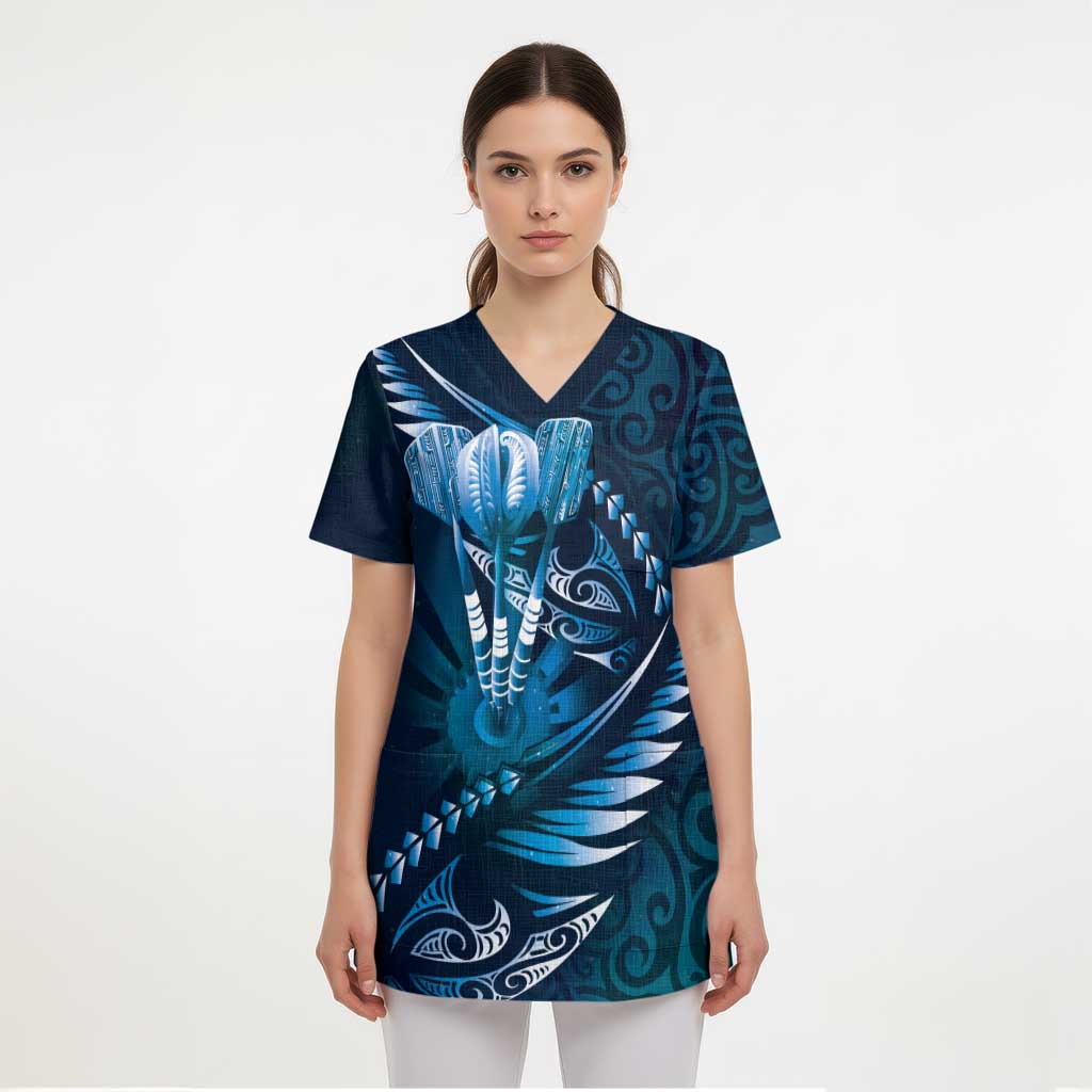 Personalised All Blue New Zealand Darts Scrub Top Aoteroa Fern Maori Galaxy Style - Polynesian Pride