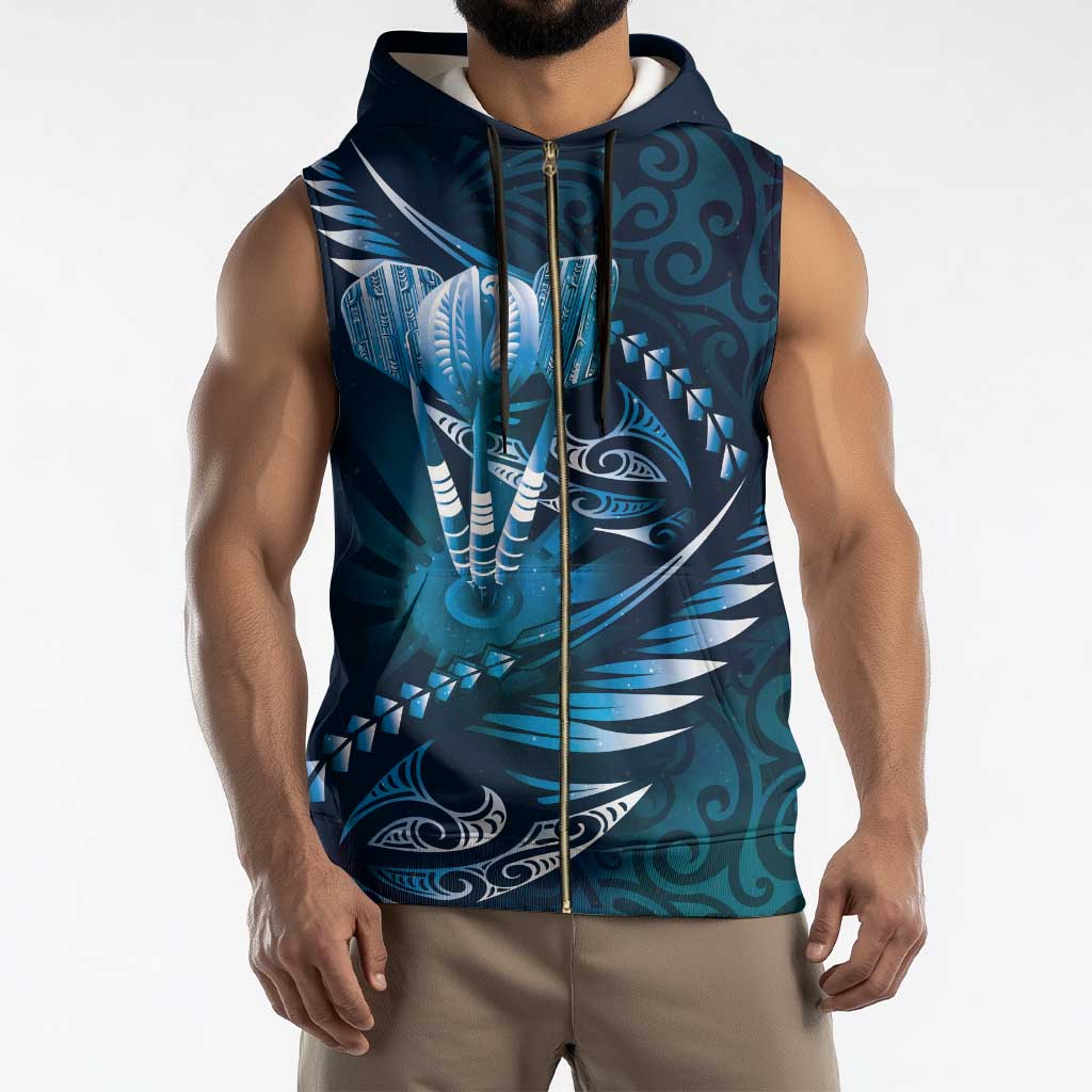 Personalised All Blue New Zealand Darts Sleeveless Zip Hoodie Aoteroa Fern Maori Galaxy Style - Polynesian Pride