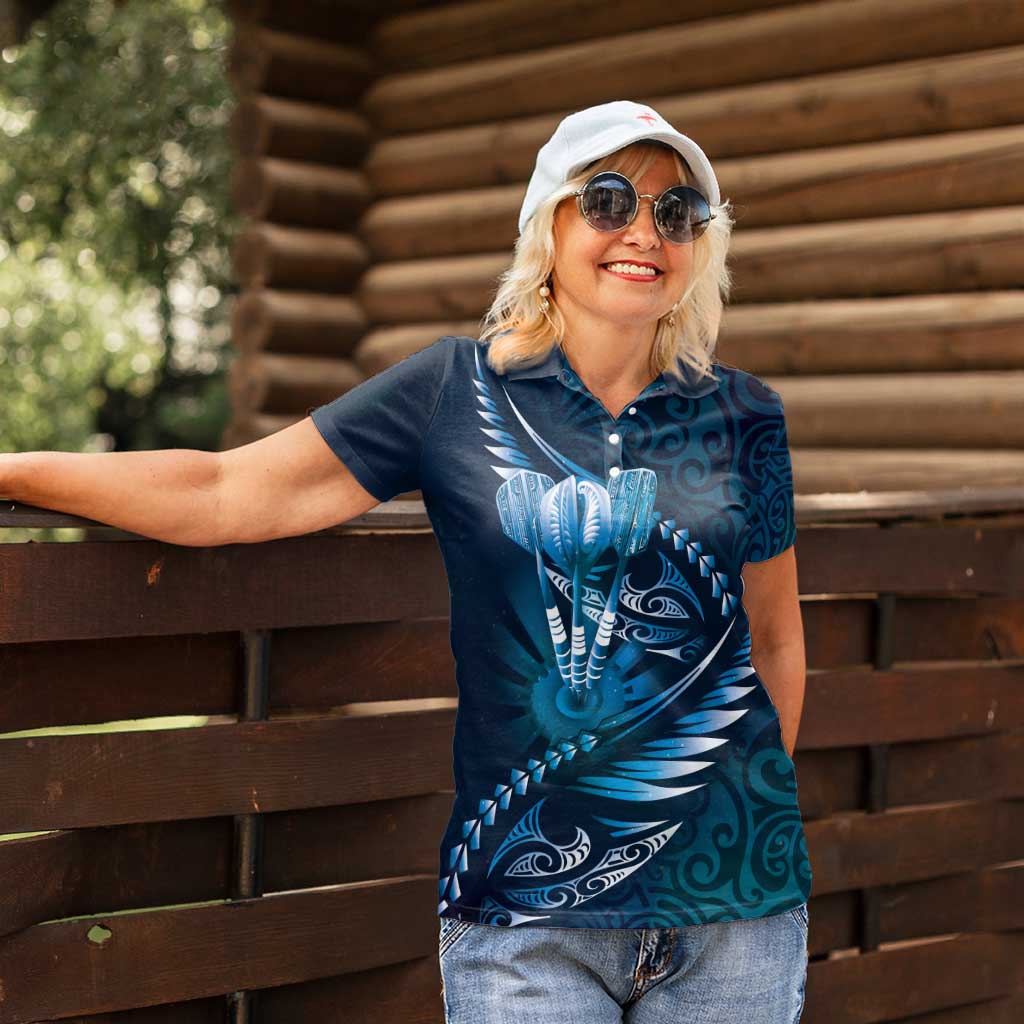 Personalised All Blue New Zealand Darts Women Polo Shirt Aoteroa Fern Maori Galaxy Style