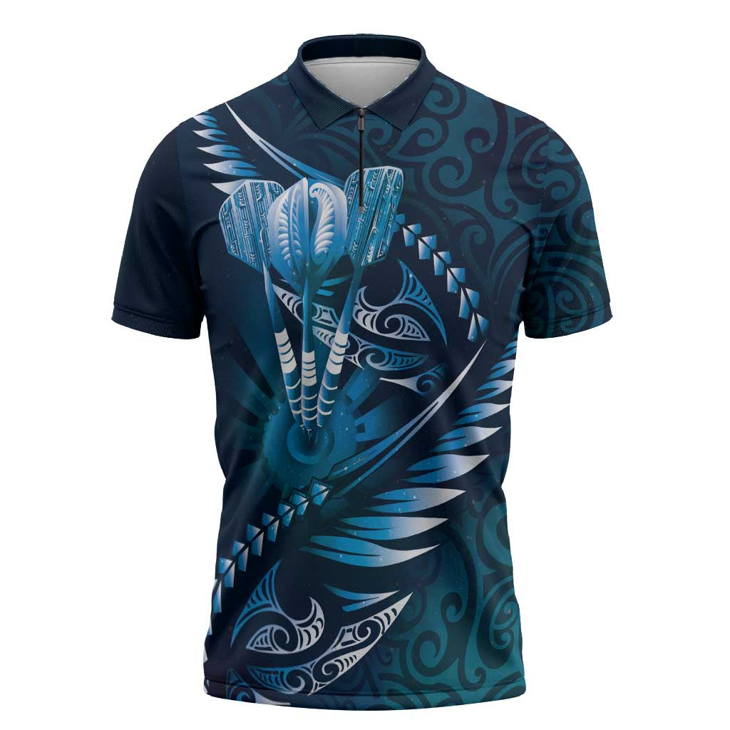 Personalised All Blue New Zealand Darts Zipper Polo Shirt Aoteroa Fern Maori Galaxy Style - Polynesian Pride